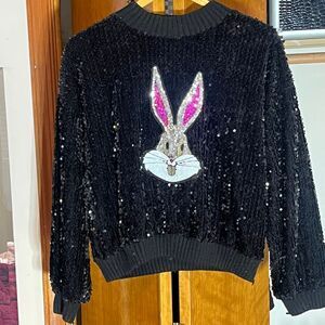 Bugs Bunny Full Sequin Black Sweater Ribbed Hems Lined Missing Tags